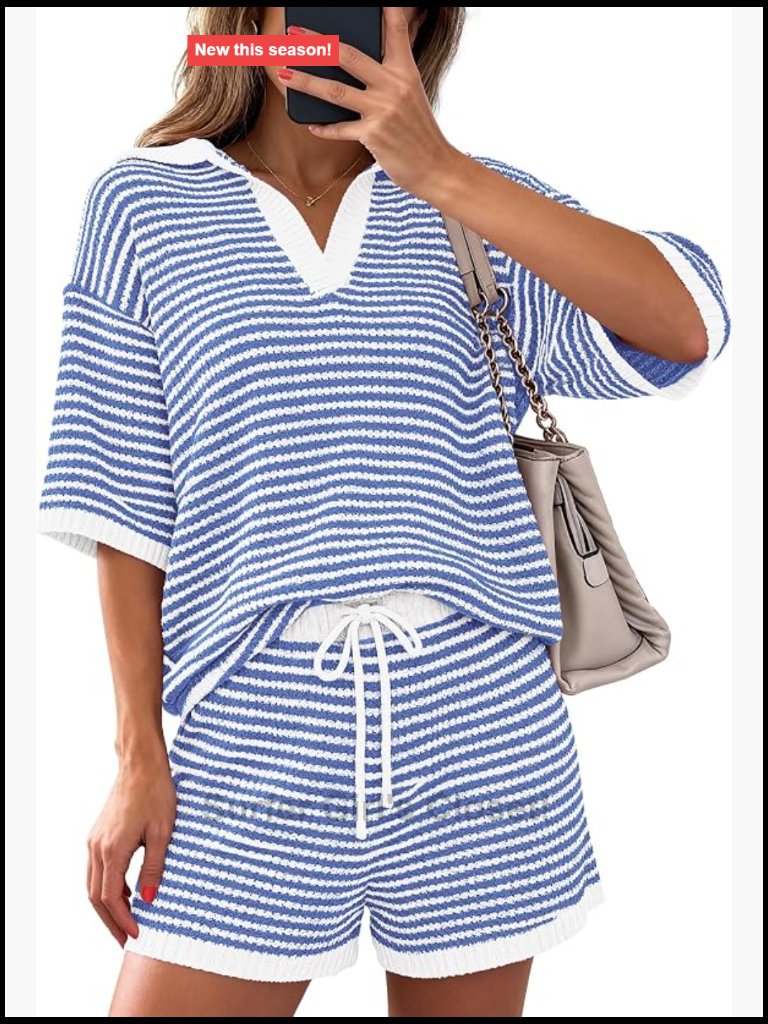 Women 2 Piece Lounge Set Striped Short Set Short Sleeve V Neck Tops Drawstring